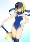  1girl artoria_pendragon_(all) blonde_hair fate_(series) hat mysterious_heroine_x namonashi one-piece_swimsuit scarf solo swimsuit sword thigh-highs weapon 