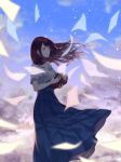  1girl bangs blouse blue_skirt blue_sky book brown_eyes brown_hair closed_mouth clouds cloudy_sky day highres holding holding_book long_hair long_skirt open_book original paper pleated_skirt saitou_(lynx-shrike) short_sleeves sidelocks skirt sky solo standing tears white_blouse wind 