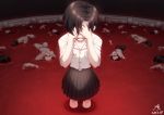  1girl black_hair corpse covering_eyes crying crying_blood dated detention facing_viewer fang_ray_shin hands pool_of_blood school_uniform signature solo_focus standing zerg309 