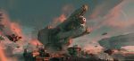  cannon chenxi_kang clouds cloudy_sky flying forklift highres megastructure original planet science_fiction shipping_container sky space_craft 