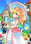  1boy 1girl bare_shoulders blonde_hair blue_eyes blue_sky bracelet brown_hair brown_shoes coconut crown day dress drinking_straw earrings f.l.u.d.d. facial_hair hat hiraga_matsuri jewelry looking_at_viewer mario super_mario_bros. mustache outdoors over_shoulder parasol princess_peach shoes sky smile sunglasses super_mario_bros. super_mario_sunshine toad umbrella white_dress 