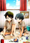  2boys backwards_hat black_eyes black_hair blush colored_pencil drawing eyebrows_visible_through_hair hat ika_ko juice_box legs_crossed looking_at_another looking_away male_focus multiple_boys open_mouth original pencil short_hair smile socks white_legwear 