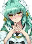  1girl bangs blush closed_mouth eyebrows_visible_through_hair fate/grand_order fate_(series) fingernails green_hair highres horns japanese_clothes kanogi kimono kiyohime_(fate/grand_order) long_hair long_sleeves looking_at_viewer multiple_horns nose_blush pink_lips shiny shiny_hair simple_background slit_pupils smile solo white_background wide_sleeves yellow_eyes 