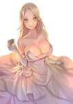  1girl absurdres bare_shoulders blonde_hair blush breasts cleavage closed_mouth collarbone dress dress_lift dungeon_and_fighter elbow_gloves expressionless female formal from_above gloves grey_eyes hand_up highres huge_breasts long_dress long_hair looking_at_viewer looking_up neck papupu simple_background solo strapless strapless_dress wedding_dress white_background white_dress white_gloves 