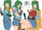  1girl absurdres alternate_hairstyle blush breastplate breasts cape character_name closed_eyes dotentity dress earrings fingerless_gloves fire_emblem fire_emblem:_rekka_no_ken florina gloves green_eyes green_hair highres jewelry long_hair lyndis_(fire_emblem) nino_(fire_emblem) ponytail short_hair skirt smile twintails very_long_hair weapon 