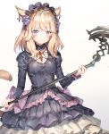  1girl bangs black_dress blonde_hair closed_mouth dress eyebrows_visible_through_hair final_fantasy final_fantasy_xiv flower hair_flower hair_ornament headdress highres holding holding_staff long_hair long_sleeves looking_at_viewer miqo&#039;te momoko_(momopoco) purple_flower simple_background solo staff standing tail violet_eyes whisker_markings white_background 