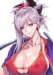  1girl absurdres bangs blue_eyes breasts cleavage closed_mouth collarbone earrings eyebrows_visible_through_hair eyes_visible_through_hair fate/grand_order fate_(series) hair_between_eyes hair_ornament highres holding holding_sword holding_weapon japanese_clothes jewelry katana large_breasts lavender_hair lips long_hair looking_at_viewer miyamoto_musashi_(fate/grand_order) over_shoulder pink_lips ponytail red_bikini_top shiny shiny_skin sidelocks simple_background smile solo sword upper_body weapon weapon_over_shoulder white_background zucchini 