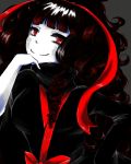  1girl azami_(kagerou_project) bangs black_hair blunt_bangs bow chin_rest curly_hair eyelashes grey_background hair_ribbon hand_on_hip highres kagerou_project long_hair long_ribbon looking_at_viewer pale_skin red_bow red_eyes red_ribbon ribbon signature simple_background smile solo turtleneck user_xujd7345 very_long_hair wavy_hair 