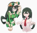  1girl :&gt; asui_tsuyu black_eyes black_hair blush boku_no_hero_academia breasts frog_girl green_hair hair_rings long_hair long_tongue low-tied_long_hair mochi_(mochi444420) school_uniform solo tongue tongue_out wet wet_clothes 