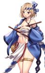  1girl bare_shoulders blonde_hair budget_sarashi disheveled djeeta_(granblue_fantasy) drum_master_(granblue_fantasy) drumsticks fundoshi granblue_fantasy hachimaki happi headband highres japanese_clothes jewelry navel necklace nejiri_hachimaki off_shoulder sarashi solo taiko_sticks thigh_strap yasu_(yossy) 