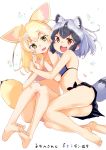  2girls animal_ears bare_legs bare_shoulders barefoot bikini black_hair blonde_hair blue_bikini brown_eyes common_raccoon_(kemono_friends) copyright_name eyebrows_visible_through_hair fang feet fennec_(kemono_friends) fox_ears fox_tail green_eyes grey_hair heart highres hug kemono_friends looking_at_viewer multicolored_hair multiple_girls open_mouth pink_bikini raccoon_ears raccoon_tail short_hair soles striped striped_bikini swimsuit tail toes yuyaiyaui 