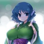  1girl backlighting bangs blue_eyes blue_hair blush breasts closed_mouth ebizome eyebrows_visible_through_hair hands_on_own_chest head_fins large_breasts long_sleeves looking_at_viewer obi sash short_hair signature smile solo touhou upper_body wakasagihime 