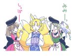  3girls animal_ears black_hat blonde_hair brown_hair closed_eyes commentary_request dress ear_grab fox_ears fox_tail green_dress green_hair hands_in_sleeves hat hat_removed headwear_removed itatatata long_sleeves multiple_girls nishida_satono ofuda open_mouth pillow pink_dress short_hair short_hair_with_long_locks sidelocks simple_background smile sweatdrop tabard tail tail_grab teireida_mai touhou translated white_background white_dress white_hat wide_sleeves yakumo_ran 
