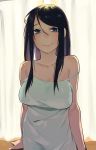  1girl bags_under_eyes black_hair blue_eyes blush breasts camisole closed_mouth curtains hair_between_eyes highres indoors juz large_breasts long_hair looking_at_viewer original sidelocks smile solo strap_slip upper_body 