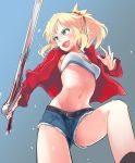  1girl belt blonde_hair breasts denim denim_shorts fangs fate/apocrypha fate_(series) from_below green_eyes jacket medium_breasts midriff mozu_(peth) ponytail red_jacket saber_of_red short_shorts shorts solo 