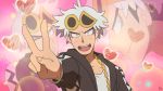  guzma_(pokemon) heart hood hoodie pink_background pokemon pokemon_(game) pokemon_sm projected_inset ssalbulre sunglasses sunglasses_on_head upper_body v 