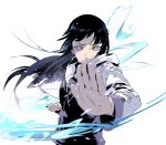  1girl bangs black_hair blunt_bangs breasts cofffee fighting_stance foreshortening furrowed_brow hime_cut hyuuga_hinata jacket long_hair long_sleeves looking_at_viewer naruto_(series) outstretched_hand solo upper_body violet_eyes white_background white_jacket 