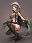  1girl absurdres artist_name black_legwear blush breasts brown_gloves dungeon_and_fighter fingerless_gloves gloves green_eyes green_hair high_heels highres large_breasts long_hair looking_at_viewer open_mouth papupu signature smile squatting suspenders thigh-highs 