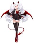  1girl bangs big_hair black_legwear blush boots bow breasts cleavage collarbone covered_navel demon_girl demon_horns demon_tail demon_wings evo_grim full_body gluteal_fold grim_aloe hair_between_eyes highres horns lifted_by_self long_hair long_sleeves looking_at_viewer low_wings miniskirt official_art pleated_skirt quiz_magic_academy red_boots red_eyes red_wings sailor_collar skirt skirt_lift smile standing tail thigh-highs twintails very_long_hair white_background white_hair wings 