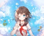  1girl b_rock blue_eyes blush breasts brown_hair closed_mouth collarbone eyebrows_visible_through_hair large_breasts lily_pad long_hair looking_at_viewer lying neckerchief on_back one_eye_closed original red_neckerchief smile solo water 