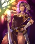  1girl absurdres artist_name belt breasts cleavage covered_navel eyepatch fingerless_gloves fire_emblem fire_emblem:_shin_monshou_no_nazo gloves h3llomiko headband highres long_hair malice_(fire_emblem) open_mouth purple_hair red_eyes solo sword teeth upper_body weapon 