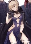  1girl 2boys artoria_pendragon_(swimsuit_rider_alter)_(fate) blonde_hair braid character_request choker dress fate/grand_order fate_(series) finger_in_mouth formal gloves groin highres jacket_on_shoulders looking_at_viewer multiple_boys navel navel_cutout necktie redhead suit thigh_strap tiara totteri tristan_(fate/grand_order) white_background yellow_eyes 