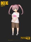  1girl absurdres blush child closed_mouth company_name copyright_name corgi_(corgi0322) destiny_child green_eyes hair_bobbles hair_ornament highres long_hair looking_at_viewer pink_hair sandals shirt smile socks solo twintails white_legwear white_shirt 