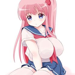  1girl between_breasts blue_eyes blue_skirt blush breasts collarbone eyebrows_visible_through_hair haramura_nodoka large_breasts long_hair looking_at_viewer neckerchief parted_lips pink_hair red_neckerchief ringo_(nanaprin) saki skirt solo thigh-highs white_legwear 