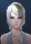  1girl blonde_hair blue_eyes caidychen character_name closed_mouth dress final_fantasy final_fantasy_xv highres holding_necklace jewelry lips looking_at_viewer lunafreya_nox_fleuret necklace nose pink_lips short_hair solo upper_body white_dress 