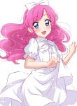  1girl aikatsu! blue_eyes blush bow character_request hair_bow highres long_hair looking_at_viewer open_mouth pink_hair puffy_short_sleeves puffy_sleeves sekina shirt short_sleeves simple_background sketch skirt_hold smile solo upper_body white_background white_bow white_shirt 