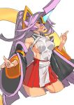  1girl bare_shoulders blazblue blazblue:_central_fiction breasts closed_mouth commentary_request cropped_legs detached_sleeves hades_izanami headgear horn impossible_clothes large_breasts long_hair long_sleeves looking_afar mikado_(blazblue) pleated_skirt ponytail purple_hair red_eyes red_skirt simple_background skirt smile solo tabard unizama very_long_hair white_background wide_sleeves 