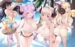  4girls absurdres alcohol alicia_(granblue_fantasy) anila_(granblue_fantasy) ass bandage bandaged_arm beer beer_mug bikini blonde_hair blush breasts cait cleavage crop_top danua demon_horns doraf drink drinking_straw earrings food glass granblue_fantasy hair_between_eyes hair_over_one_eye hat highres horns huge_filesize jewelry large_breasts lavender_hair long_hair looking_at_viewer low-tied_long_hair midriff multiple_girls narumeia_(granblue_fantasy) navel no_bra open_mouth pasta patreon_reward pointy_ears red_eyes sheep_horns shirt side-tie_bikini silver_hair smile spaghetti swimsuit taut_clothes taut_shirt thong thong_bikini tied_shirt tray twintails under_boob very_long_hair white_bikini yellow_eyes 