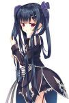  1girl arikawa_satoru black_bow black_dress black_hair bow cowboy_shot dress flower_knight_girl from_side hair_bow long_hair looking_at_viewer purple_bow red_eyes solo striped striped_bow torikabuto_(flower_knight_girl) twintails white_background 