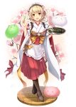  1girl :&gt; :d apricot_(flower_knight_girl) black_hairband blonde_hair boots bow brown_boots brown_eyes creature cross-laced_footwear dabadhi dango dress flower flower_knight_girl food full_body hairband highres japanese_clothes kimono lace-up_boots looking_at_viewer open_mouth petals red_bow red_dress short_hair smile solo standing tea wagashi waitress white_background white_kimono 