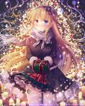  1girl absurdly_long_hair blonde_hair blue_eyes blush bow breasts christmas_lights closed_mouth company_name eyebrows_visible_through_hair falkyrie_no_monshou gift hairband heterochromia holding holding_gift large_breasts long_hair long_sleeves looking_at_viewer mittens natsumekinoko official_art red_eyes red_mittens ribbon solo thigh-highs very_long_hair white_bow white_legwear white_ribbon 