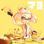  absurdres blush curry domino_mask egg fingerless_gloves food french_fries gloves hamburger highres hime_(splatoon) mask mayonnaise mole mole_under_mouth omelet pantyhose plate pout rice simple_background sitting sparkle splatoon splatoon_2 spoon suika_(blueberry998) tentacle_hair text toast translation_request white_hair yellow_background yellow_eyes 