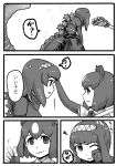  2girls :t ? bear_paw_hammer brown_bear_(kemono_friends) comic crossover eye_contact godzilla godzilla_(series) greyscale hairband hand_on_another&#039;s_head highres kemono_friends kishida_shiki looking_at_another monochrome multiple_girls one_eye_closed parted_lips personification petting pout shin_godzilla shirt short_hair short_sleeves smile spoken_question_mark standing tail translation_request turtleneck weapon 