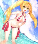  1girl blonde_hair blush breasts cleavage collarbone eyebrows_visible_through_hair fate/grand_order fate_(series) green_eyes highres large_breasts long_hair looking_at_viewer miya_sakaori navel nero_claudius_(swimsuit_caster)_(fate) open_mouth saber_extra signature smile solo twintails 