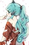  1girl animal_ears aqua_eyes aqua_hair back bare_shoulders blush cherry_blossoms chin_stroking commentary curly_hair finger_in_another&#039;s_mouth horn kariyushi_shirt komano_aun long_hair off_shoulder open_mouth petals piyokichi ponytail solo touhou 