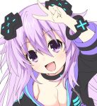  1girl adult_neptune black_collar blush breasts cleavage collar d-pad eyebrows_visible_through_hair hair_between_eyes hair_ornament hood hooded_track_jacket jacket long_hair long_sleeves looking_at_viewer matokechi neptune_(series) no_bra open_mouth purple_hair shin_jigen_game_neptune_vii sidelocks simple_background smile solo track_jacket v violet_eyes white_background work_in_progress 