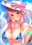  1girl animal_ears bad_id bad_pixiv_id bikini blue_bikini blue_sky blush breasts cleavage day ears_through_headwear erect_nipples fang fate/grand_order fate_(series) fox_ears fox_tail hat large_breasts long_hair looking_at_viewer ocean outdoors pink_hair sky solo swimsuit tail tamamo_(fate)_(all) tamamo_no_mae_(swimsuit_lancer)_(fate) u_(centeryu) yellow_eyes 