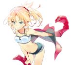  1girl belt blonde_hair breasts denim denim_shorts fangs fate/apocrypha fate_(series) green_eyes jacket medium_breasts midriff ponytail red_jacket saber_of_red short_shorts shorts solo 