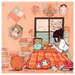 1girl artist_name book cat crisalys highres japanese_clothes mask mount_fuji original pig reading sitting tagme teapot tree window 