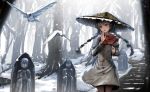  1girl ajirogasa bird black_hair braid capelet commentary_request dress forest grey_dress hat long_hair long_sleeves nature outdoors ryosios snow solo standing statue touhou tree twin_braids winter yatadera_narumi 
