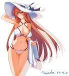  1girl 2017 artist_name bikini brown_hair cowboy_shot dated girls_frontline green_eyes hair_rings hat highres long_hair looking_at_viewer m1903_springfield_(girls_frontline) navel sidelocks simple_background standing sun_hat swimsuit tajada towel white_background white_bikini 