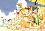  5girls 90s aino_minako azuma_kiyohiko ball barefoot beach beach_umbrella beachball bikini bishoujo_senshi_sailor_moon black_hair blonde_hair blue_eyes blue_hair breasts brown_eyes brown_hair cleavage competition_swimsuit crop_top crop_top_overhang day hino_rei in_the_face kino_makoto long_hair medium_breasts mizuno_ami multiple_girls official_art one-piece_swimsuit sailor_senshi scan side-tie_bikini sitting small_breasts summer swimsuit tsukino_usagi twintails umbrella under_boob undressing very_long_hair wariza 