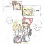  2girls annoyed backpack bag blonde_hair blush bow braid brown_eyes brown_hair collared_shirt hair_bow hair_tubes hakurei_reimu heart height_difference kirisame_marisa large_bow long_hair multiple_girls necktie ovo pleated_skirt school_uniform shirt shoulder_bag side_braid single_braid skirt touhou translated tsundere wavy_hair yellow_eyes yuri 