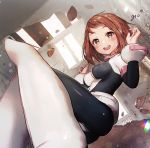  1girl :d blush blush_stickers bodysuit boku_no_hero_academia breasts brown_eyes brown_hair debris gio_(maroon0924) medium_breasts open_mouth short_hair smile solo uraraka_ochako 