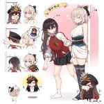  &gt;_&lt; 2girls :d bare_shoulders brown_eyes chibi closed_eyes demon_archer fate/grand_order fate_(series) hair_over_one_eye hair_ribbon hat hat_removed headwear_removed height_difference height_rod jacket long_hair multiple_girls oda_nobunaga_(swimsuit_berserker)_(fate) omi_(tyx77pb_r2) open_mouth peaked_cap ribbon sakura_saber short_ponytail silver_hair skirt sleeveless smile thigh-highs track_jacket xd 