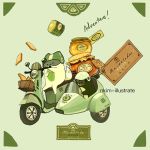  artist_name bird english food fox green ground_vehicle label marmalade motor_vehicle motorcycle nadia_kim no_humans original sidecar simple_background text toast vehicle 